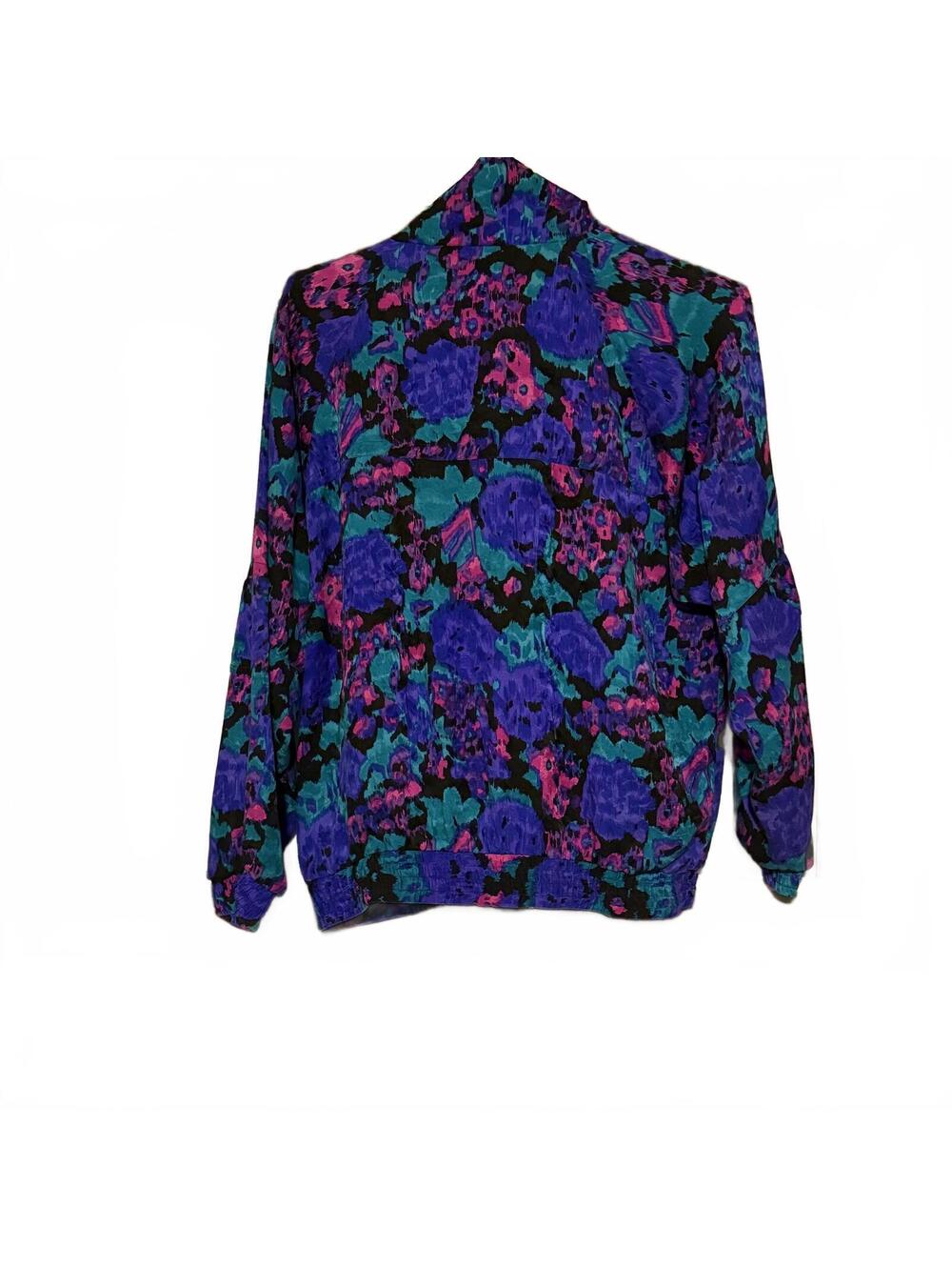Purple Silk Jacket Floral Zip Bomber Medium Vintage Janeve - Picture 2 of 5